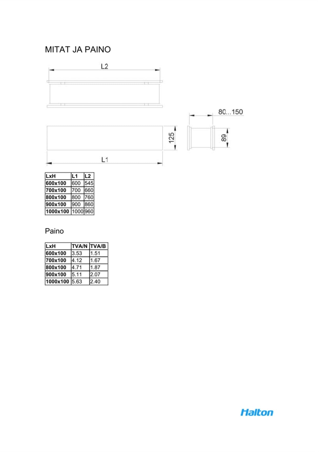 Siirtoilmalaite Halton TVB 800x100 Valkoinen - KarelianStore