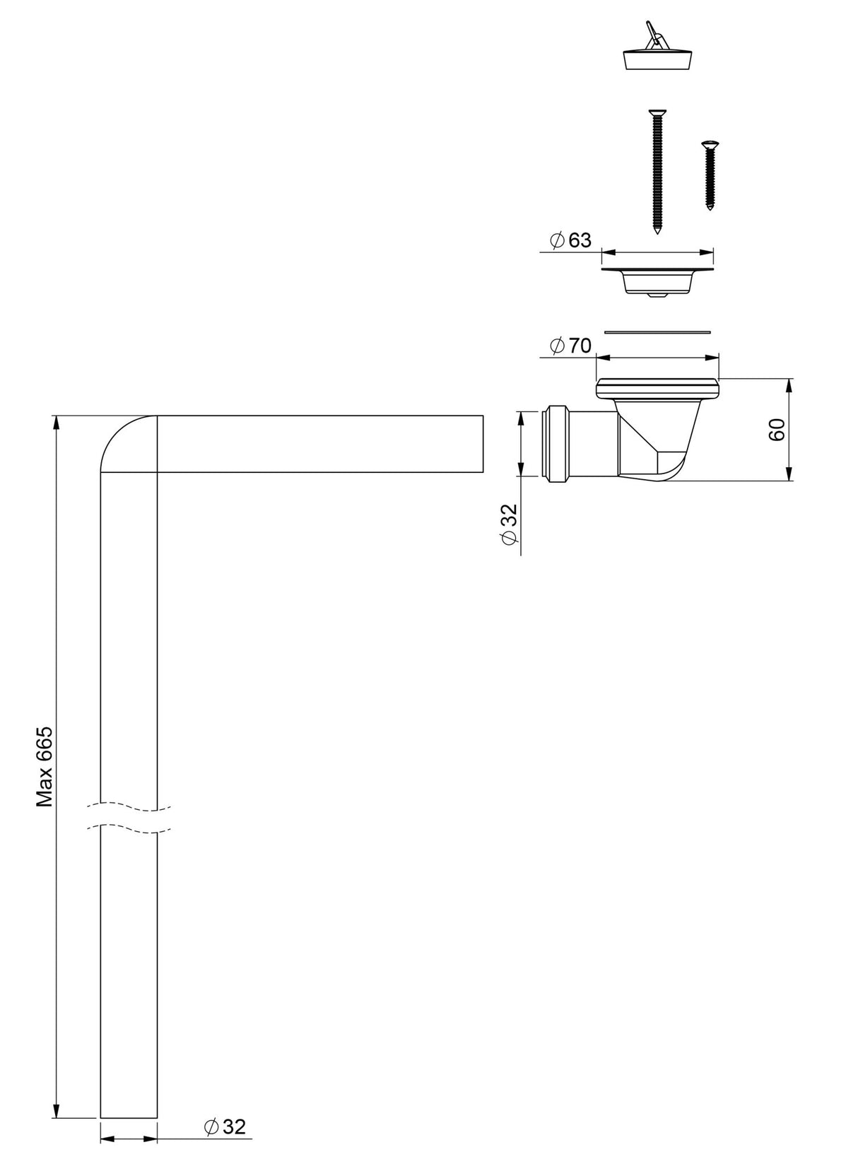 Viemäröintisarja Prevex 12180 Pohjaventtiili kulma ja putki - KarelianStore
