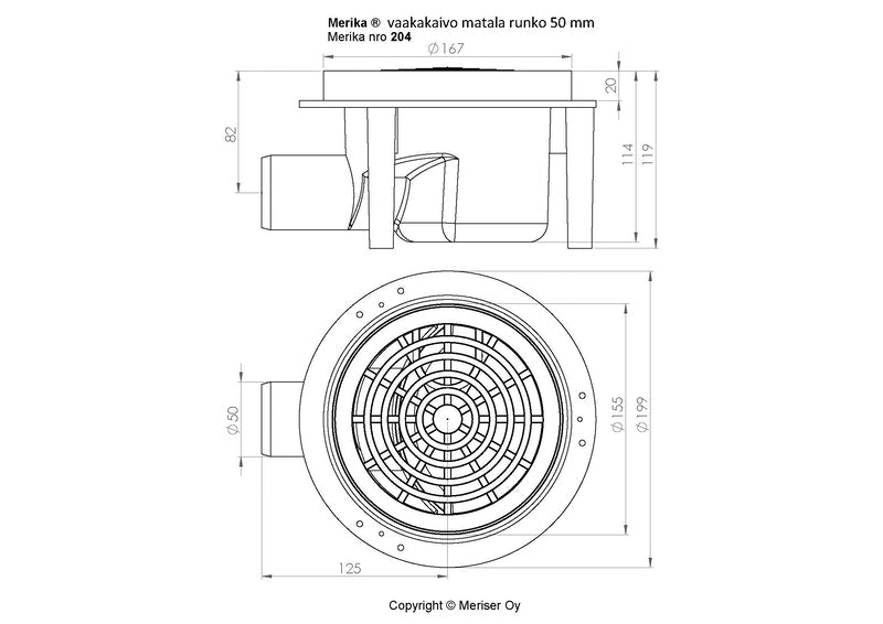 Lattiakaivo Merika M-204 DN50 Matala Vaaka 119mm - KarelianStore