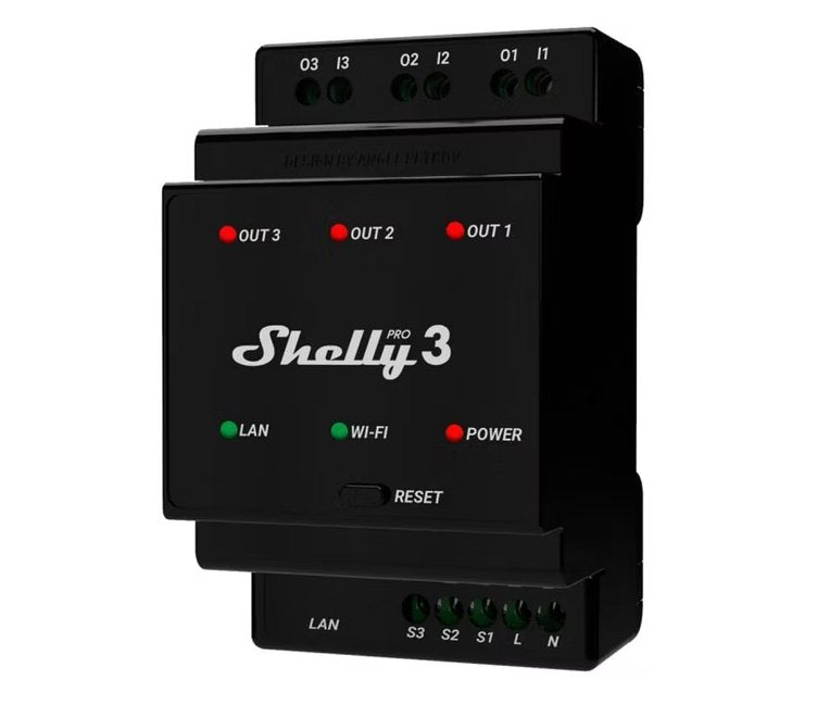 Ohjelmoitava Rele Shelly Pro 3 3-K 16A Wifi - KarelianStore