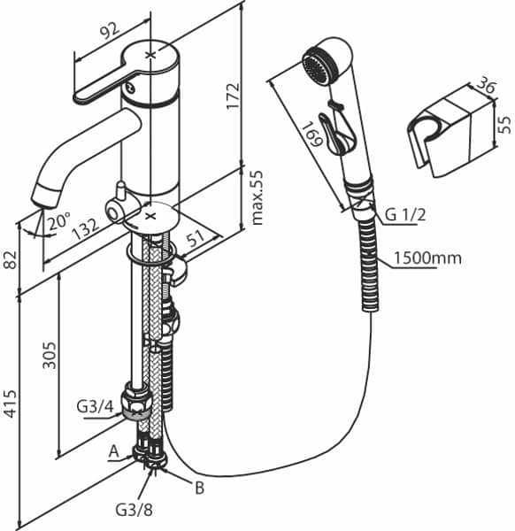 Pesuallashana Damixa Silhouet pesukoneventtiilillä ja Bideesuihkulla mattamusta 74039.61 - KarelianStore
