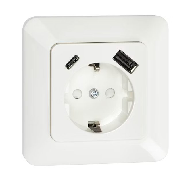 Pistorasia Opal Uppo 1-osainen 16A IP20 UPR 2x USB A + C Valkoinen - KarelianStore
