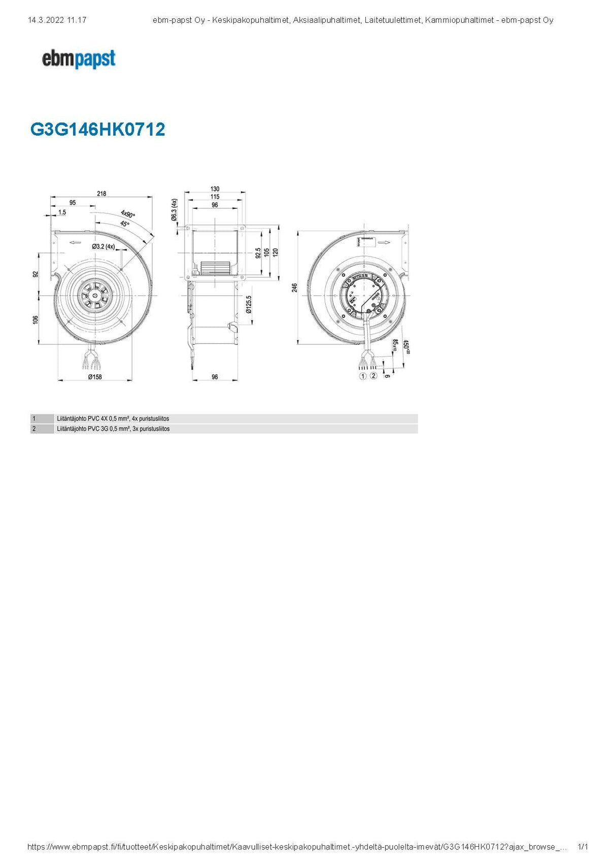 Puhallin Ebmpapst EC G3G146HK0712 230V 163W VASEN - KarelianStore