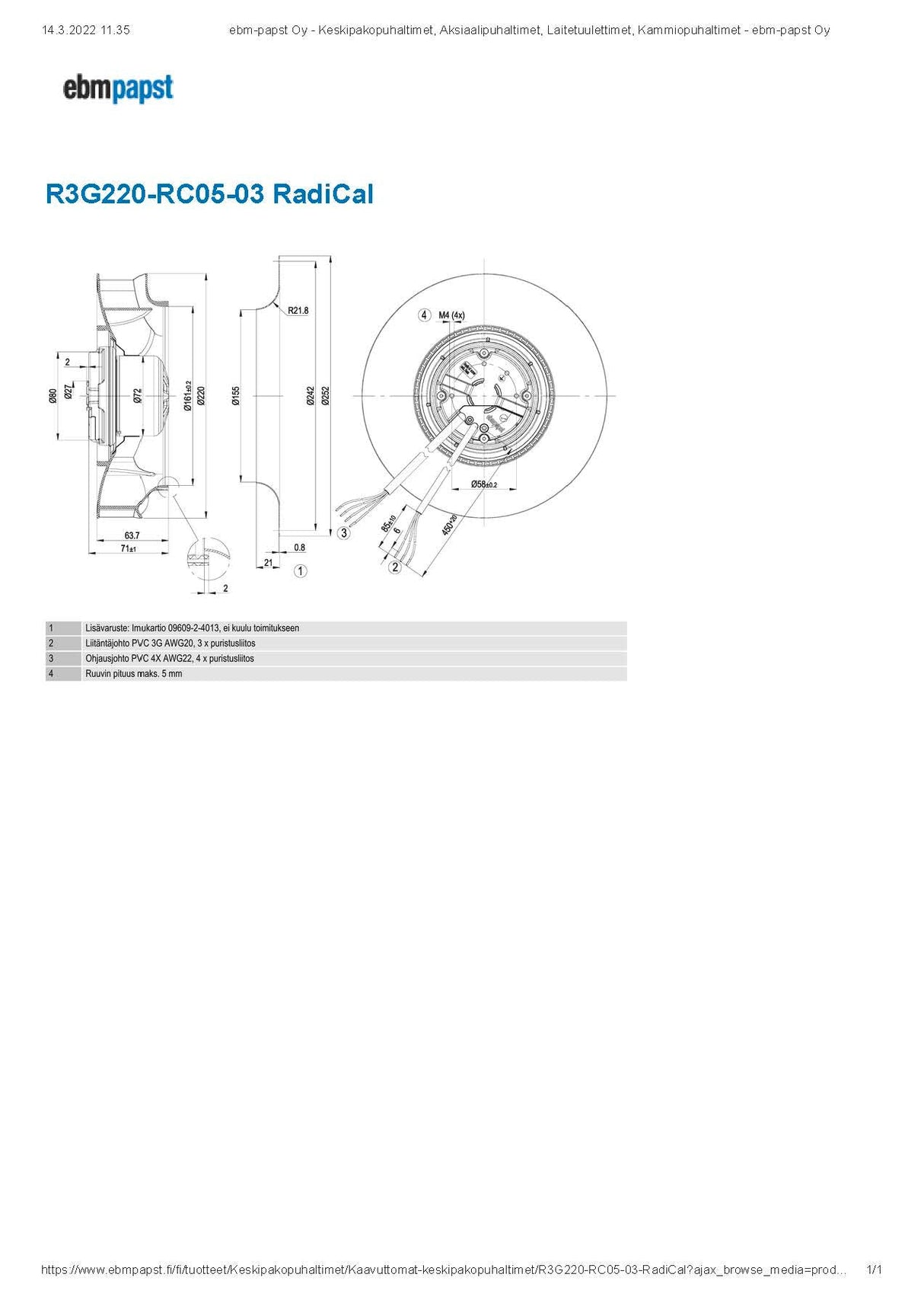 Puhallin Ebmpapst EC R3G220RC0503 230V 85W - KarelianStore