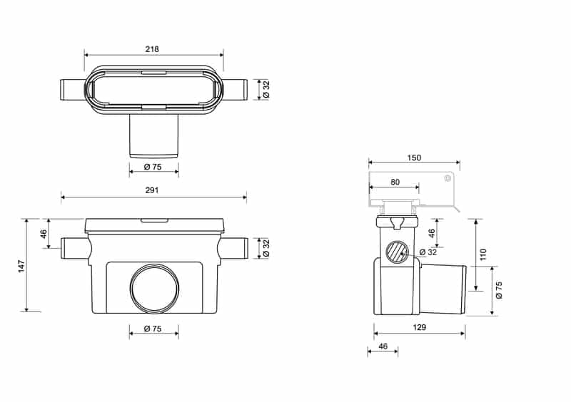 Vaakakaivo Linja Unidrain 1433 75mm 2x32mm Sivuliitäntä - KarelianStore