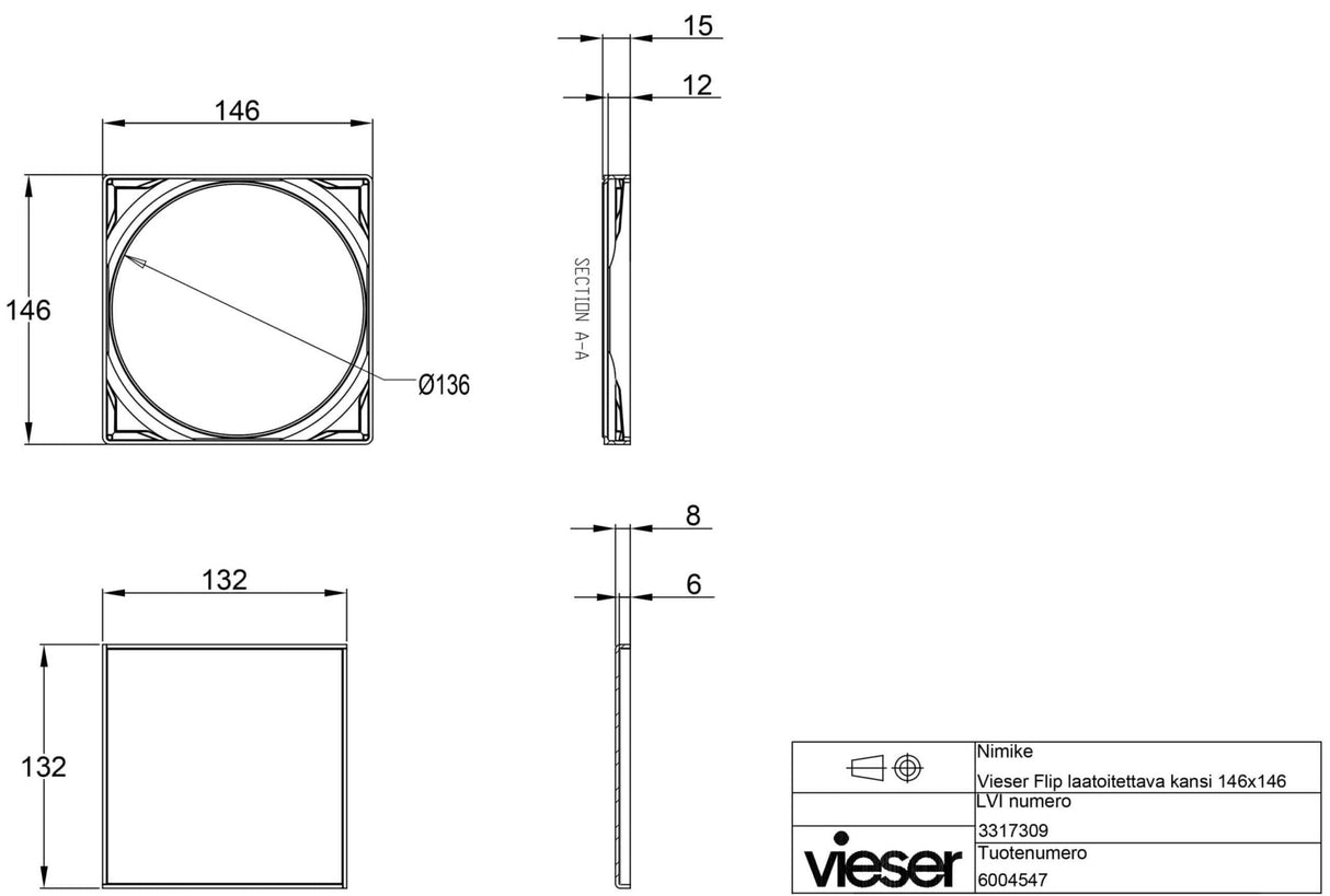 Vieser Flip laatoitettava kansi 146 x 146 - KarelianStore