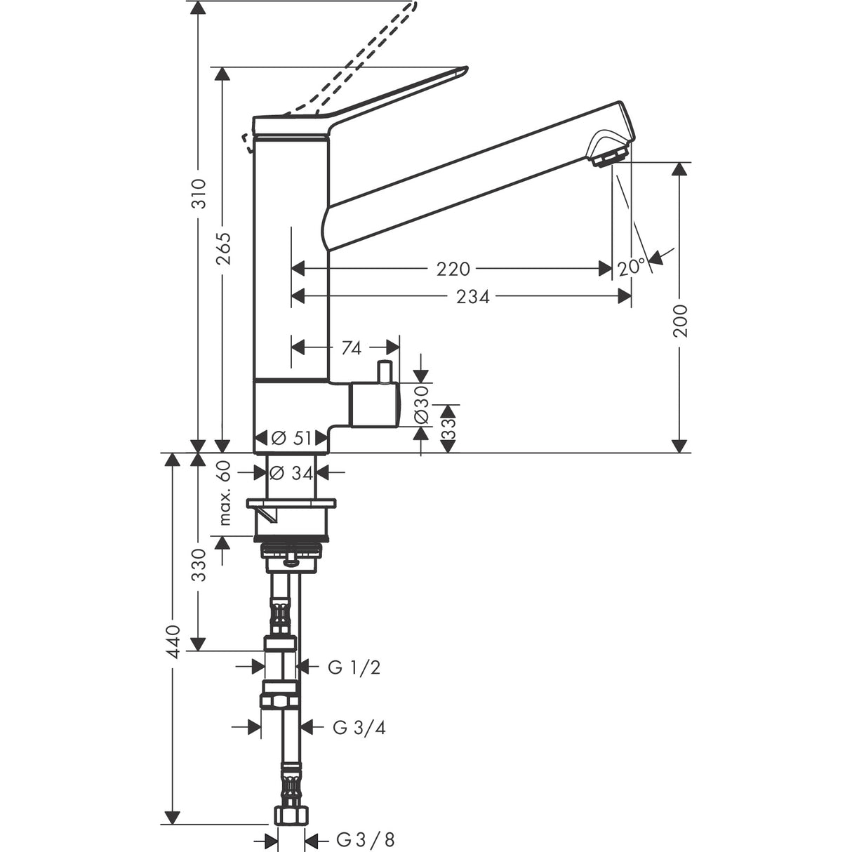Keittiöhana HANSGROHE 74808000 ZESIS M33 200 PKV KRO