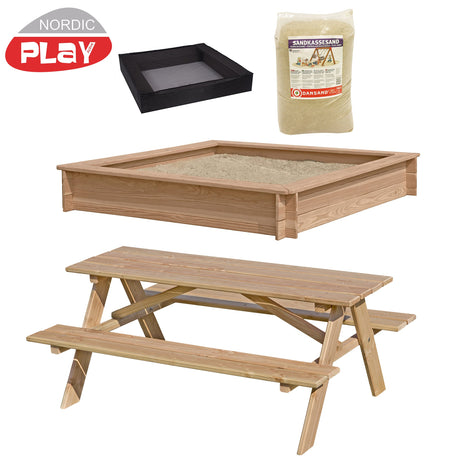 Hiekkalaatikko, lehtikuusi, 150 x 150 cm sis. verkko, 200 kg hiekkaa ja pöytä - ja penkkisetti or pöytä/penkkisetti. NORDIC PLAY - KarelianStore