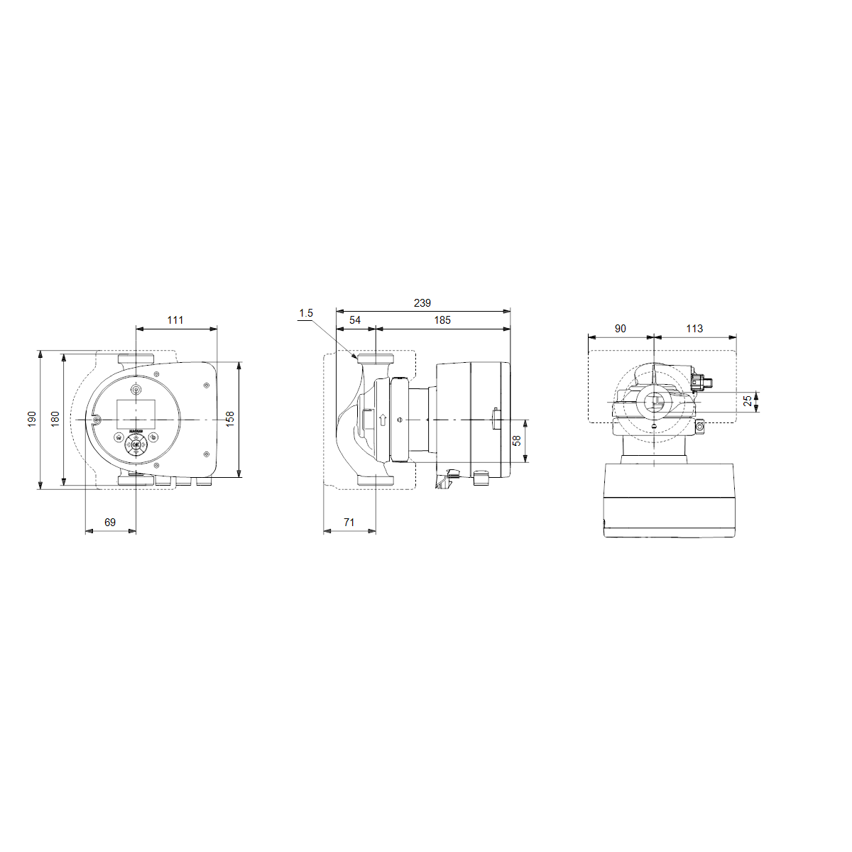 Käyttövesipumppu Grundfos Magna3 25 - 100 N 180 1x230V - KarelianStore