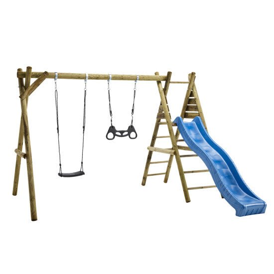 Keinuteline, mukana 1 musta keinuistuin, 1 musta trapetsikeinu, keinukiinnikkeet ja 1 sininen liukumäki NORDIC PLAY - KarelianStore
