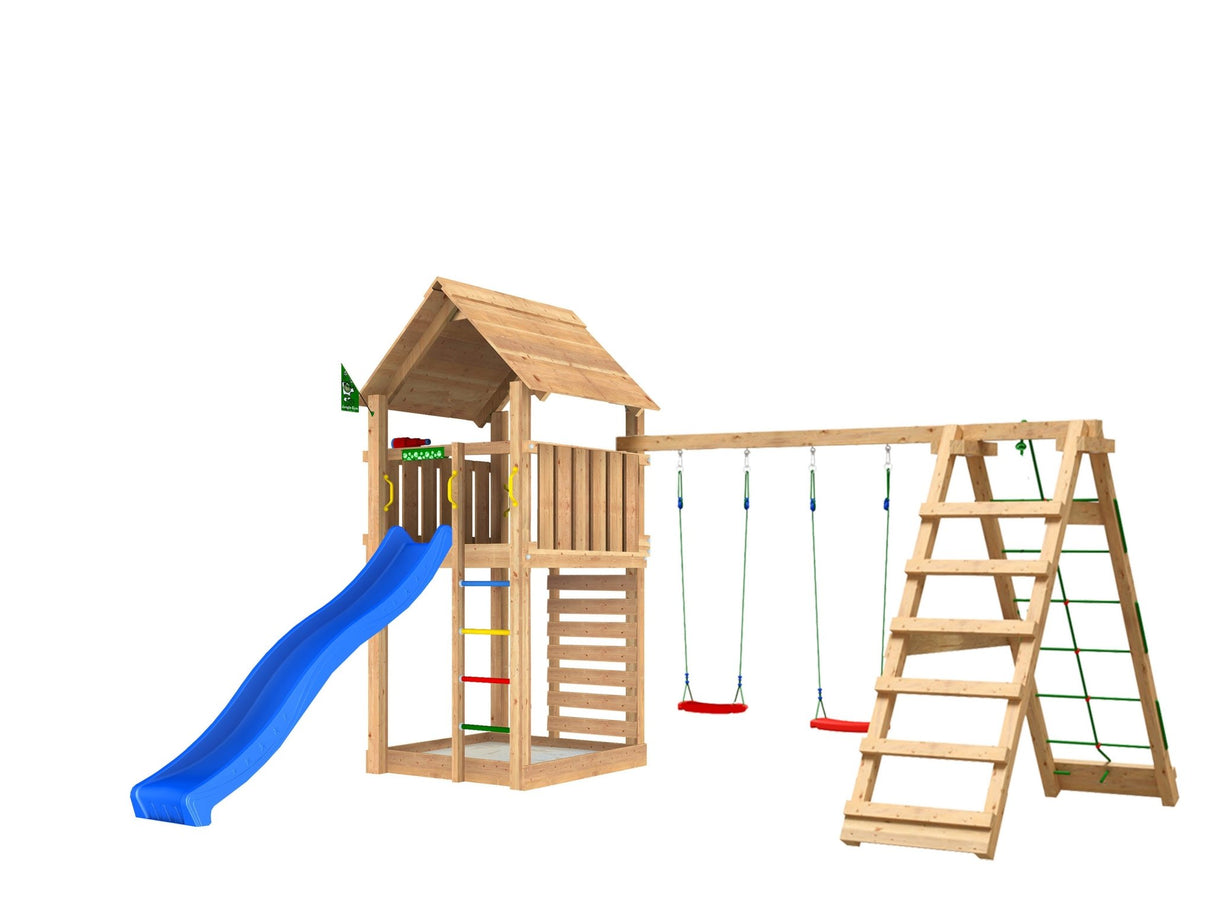 Leikkitorni Jungle Gym Cabin 2.1 ja 2 - Climb Module 220, sininen liukumäki ja 120 kg hiekkaa - KarelianStore