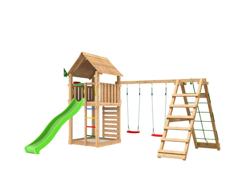 Leikkitorni Jungle Gym Cabin 2.1 ja 2 - Climb Module 220, vihreä liukumäki ja 120 kg hiekkaa - KarelianStore