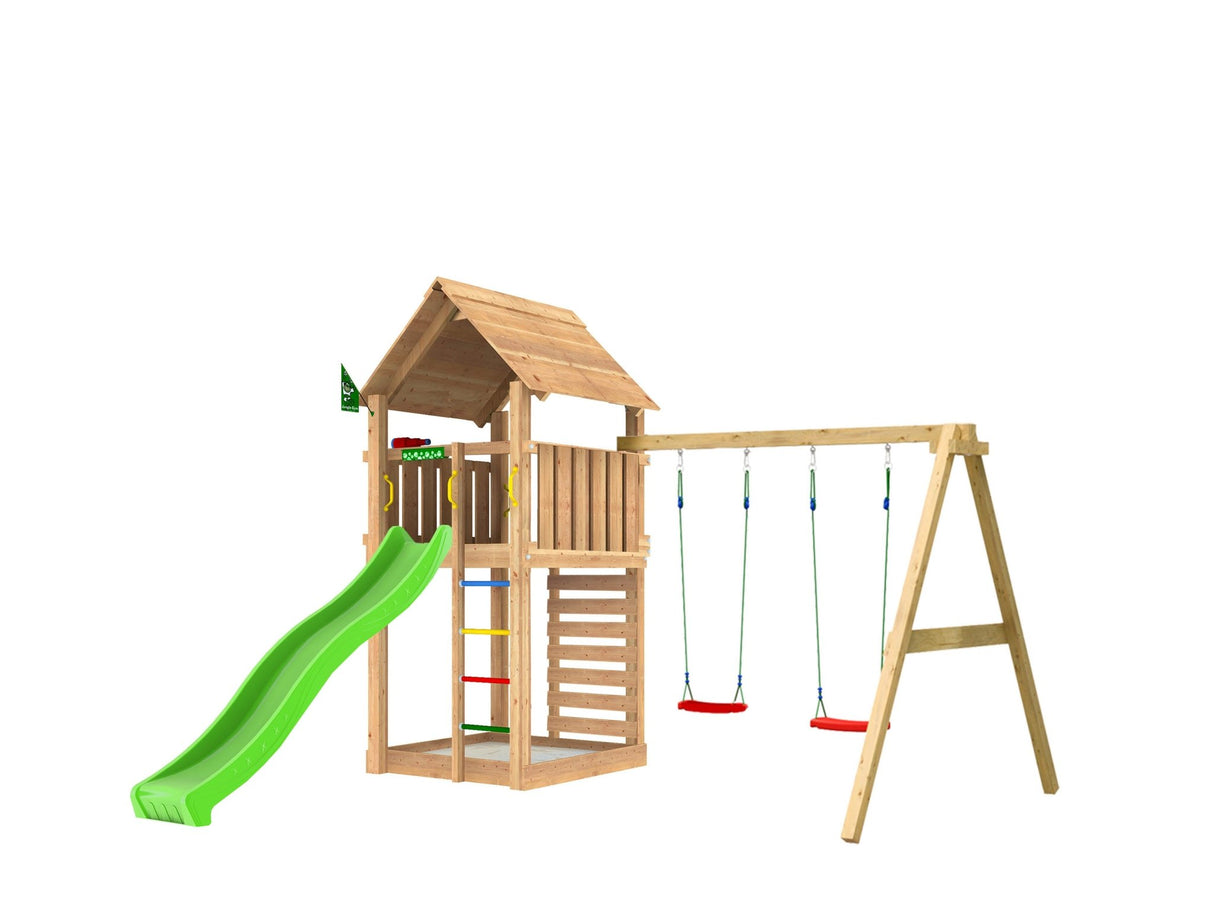 Leikkitorni Jungle Gym Cabin 2.1 ja 2 - Swing Module 220 ja vihreä liukumäki - KarelianStore