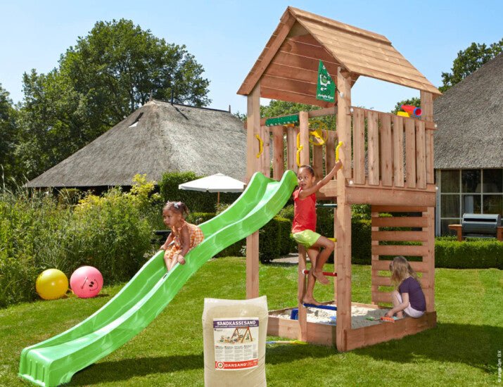 Leikkitorni Jungle Gym Cabin 2.1 ja liukumäki ja 120 kg hiekkaa - KarelianStore