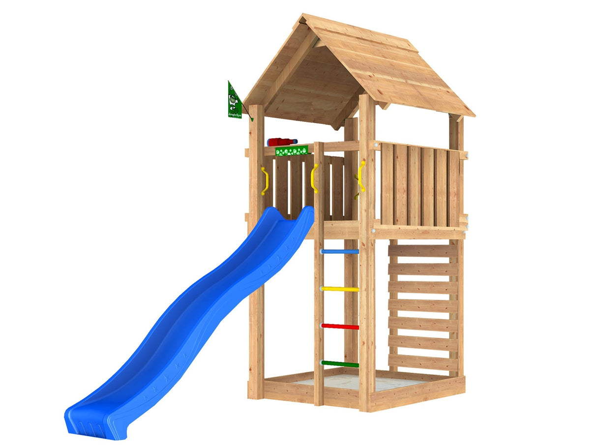 Leikkitorni Jungle Gym Cabin 2.1 ja sininen liukumäki ja 120 kg hiekkaa - KarelianStore