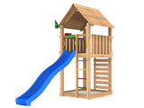 Leikkitorni Jungle Gym Cabin 2.1 ja sininen liukumäki ja 120 kg hiekkaa - KarelianStore