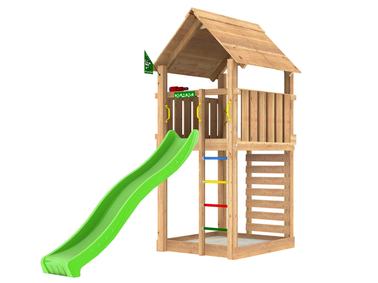 Leikkitorni Jungle Gym Cabin 2.1 ja vihreä liukumäki ja 120 kg hiekkaa - KarelianStore