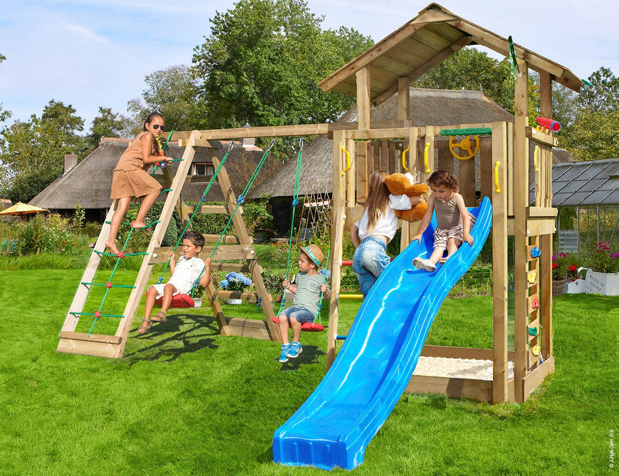 Leikkitorni Jungle Gym Chalet 2.1 ja 2 - Climb Module 220 ja sininen liukumäki - KarelianStore