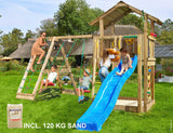 Leikkitorni Jungle Gym Chalet 2.1 ja 2 - Climb Module 220, sininen liukumäki ja 120 kg hiekkaa - KarelianStore
