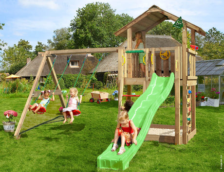 Leikkitorni Jungle Gym Chalet 2.1 ja 2 - Swing Module 220, vihreä liukumäki ja 120 kg hiekkaa - KarelianStore