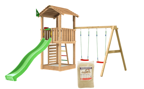 Leikkitorni Jungle Gym Cottage 2.1, 2 - Swing Module 220, vihreä liukumäki ja 120 kg hiekkaa - KarelianStore