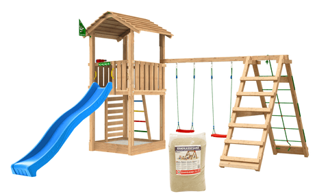Leikkitorni Jungle Gym Cottage 2.1, ja 2 - Climb Module 220, sininen liukumäki ja 120 kg hiekkaa - KarelianStore