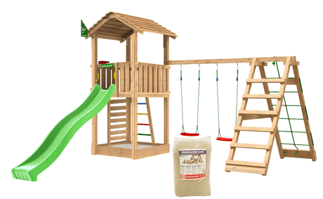 Leikkitorni Jungle Gym Cottage 2.1, ja 2 - Climb Module 220, vihreä liukumäki ja 120 kg hiekkaa - KarelianStore