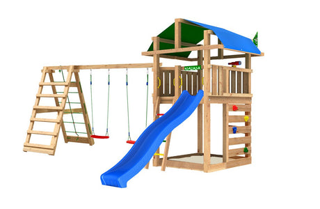 Leikkitorni Jungle Gym Fort 2.1 ja Climb Module sekä sininen liukumäki - KarelianStore