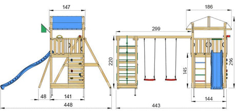Leikkitorni Jungle Gym Fort 2.1 ja Climb Module sekä sininen liukumäki - KarelianStore