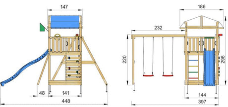 Leikkitorni Jungle Gym Fort 2.1 ja Swing Module sekä sininen liukumäki - KarelianStore