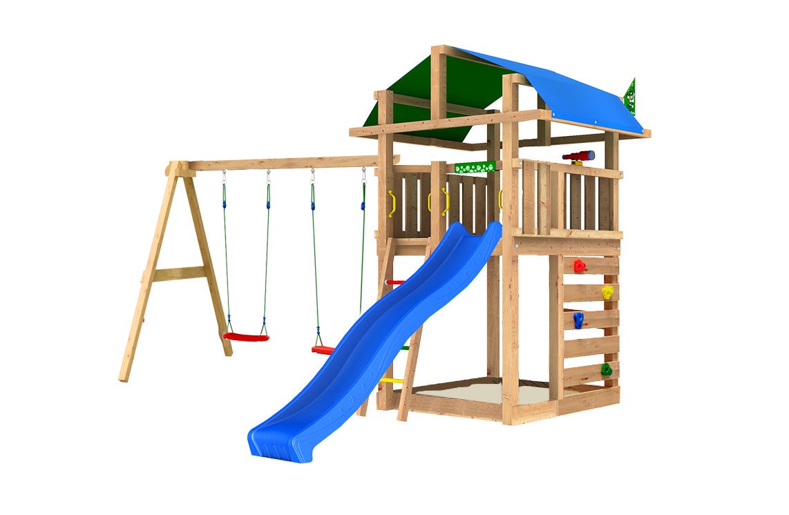 Leikkitorni Jungle Gym Fort 2.1 ja Swing Module sekä sininen liukumäki - KarelianStore