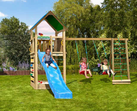 Leikkitorni Jungle Gym Lodge 2.1 ja Climb Module sekä sininen liukumäki - KarelianStore