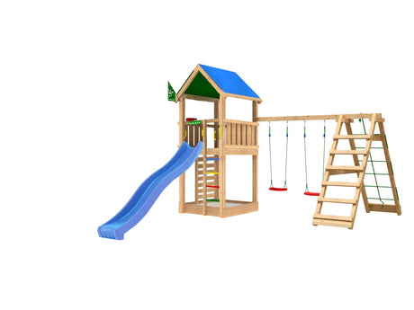 Leikkitorni Jungle Gym Lodge 2.1 ja Climb Module sekä sininen liukumäki - KarelianStore