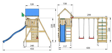 Leikkitorni Jungle Gym Lodge 2.1 ja Climb Module sekä sininen liukumäki - KarelianStore