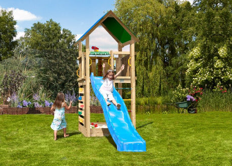 Leikkitorni Jungle Gym Lodge 2.1 ja sininen liukumäki - KarelianStore