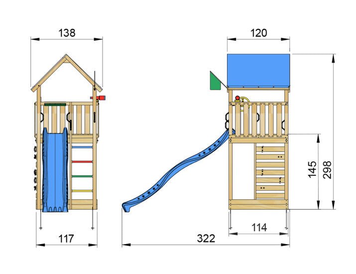 Leikkitorni Jungle Gym Lodge 2.1 ja sininen liukumäki - KarelianStore