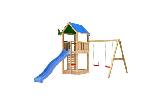 Leikkitorni Jungle Gym Lodge 2.1 ja Swing Module sekä sininen liukumäki - KarelianStore