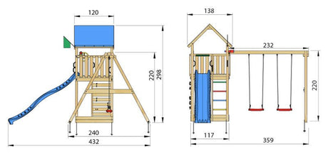 Leikkitorni Jungle Gym Lodge 2.1 ja Swing Module sekä sininen liukumäki - KarelianStore