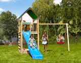 Leikkitorni Jungle Gym Lodge 2.1 ja Swing Module sekä sininen liukumäki - KarelianStore