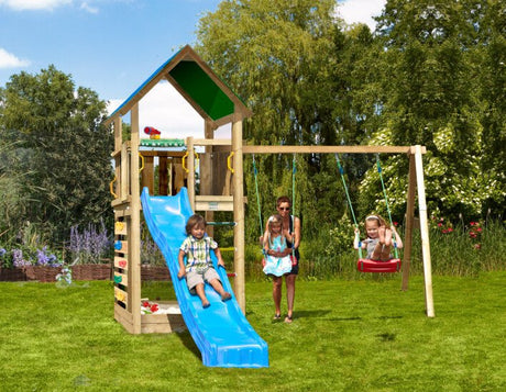 Leikkitorni Jungle Gym Lodge 2.1 ja Swing Module sekä sininen liukumäki - KarelianStore