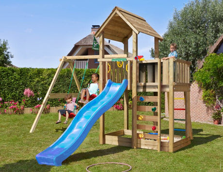 Leikkitorni Jungle Gym Mansion 2.1 ja 2 - Swing Module 220, sininen liukumäki ja 120 kg hiekkaa - KarelianStore