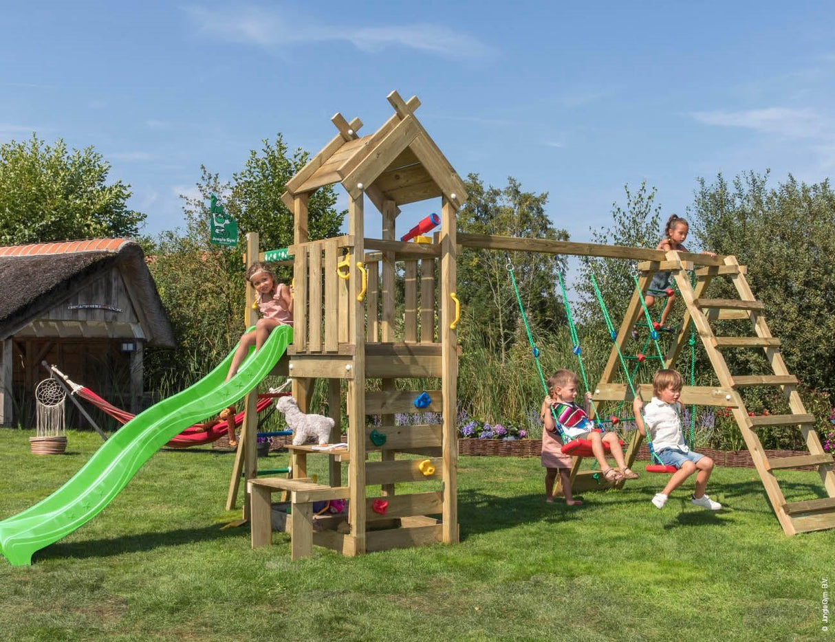 Leikkitorni Jungle Gym Teepee, 2 - Climb Module 200 ja vihreä liukumäki - KarelianStore