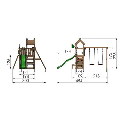 Leikkitorni Jungle Gym Teepee, 2 - Swing Module 200 ja keltainen liukumäki - KarelianStore