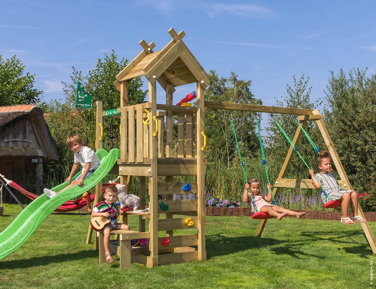 Leikkitorni Jungle Gym Teepee, 2 - Swing Module 200 ja vihreä liukumäki - KarelianStore