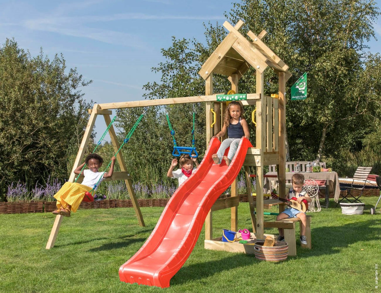 Leikkitorni Jungle Gym Totem, 2 - Swing Module 200 ja punainen liukumäki - KarelianStore