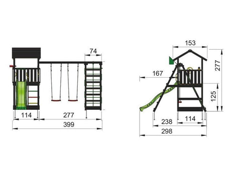 Leikkitornikokonaisuus Jungle Gym Casa 2.1, mustaksi petsattu, ja 2 - Climb Module 220 ja tummanvihreä liukumäki - KarelianStore