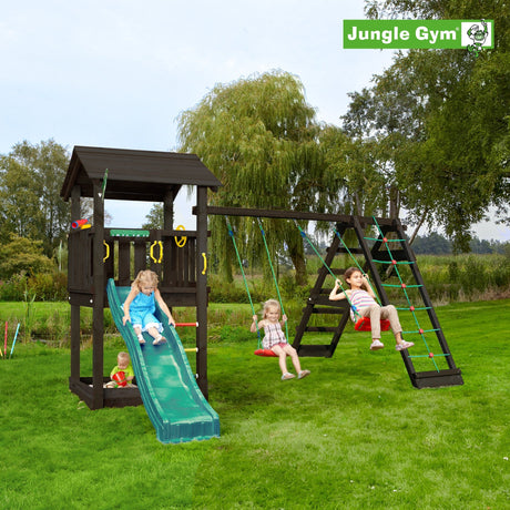 Leikkitornikokonaisuus Jungle Gym Casa 2.1, mustaksi petsattu, ja 2 - Climb Module 220 ja tummanvihreä liukumäki - KarelianStore
