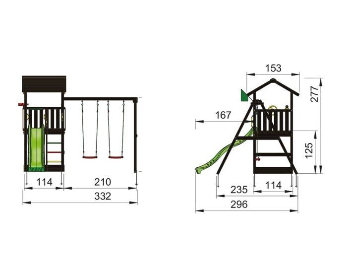 Leikkitornikokonaisuus Jungle Gym Casa 2.1, mustaksi petsattu, ja 2 - Swing Module 220 ja tummanvihreä liukumäki - KarelianStore