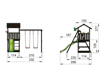 Leikkitornikokonaisuus Jungle Gym Casa 2.1, mustaksi petsattu, ja 2 - Swing Module 220 ja tummanvihreä liukumäki - KarelianStore