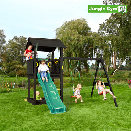 Leikkitornikokonaisuus Jungle Gym Casa 2.1, mustaksi petsattu, ja 2 - Swing Module 220 ja tummanvihreä liukumäki - KarelianStore
